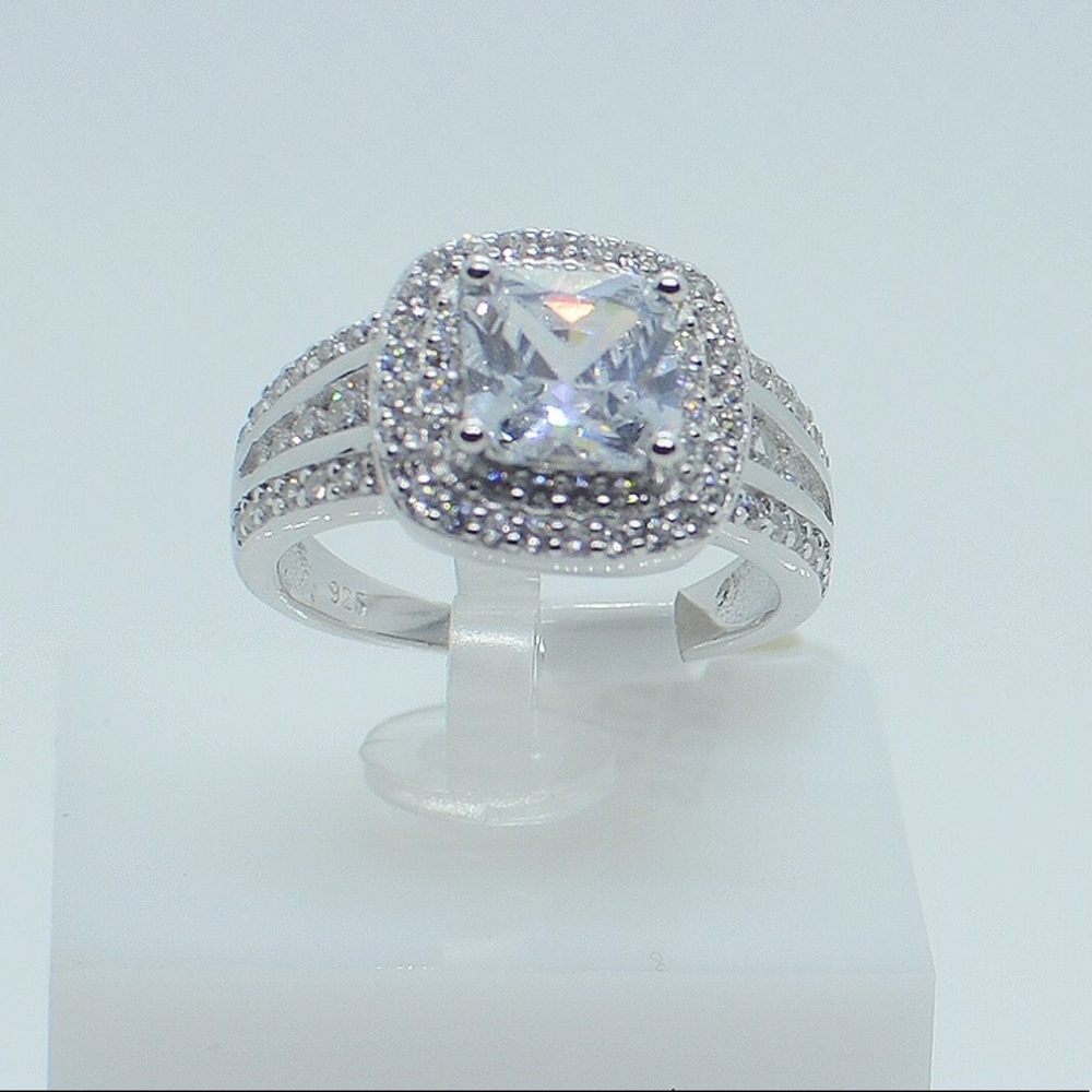 Princess Cut Double Halo Sterling Silver Ring